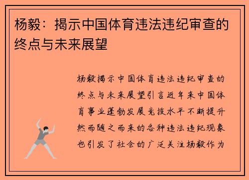 杨毅：揭示中国体育违法违纪审查的终点与未来展望