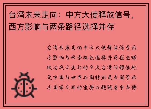 台湾未来走向：中方大使释放信号，西方影响与两条路径选择并存