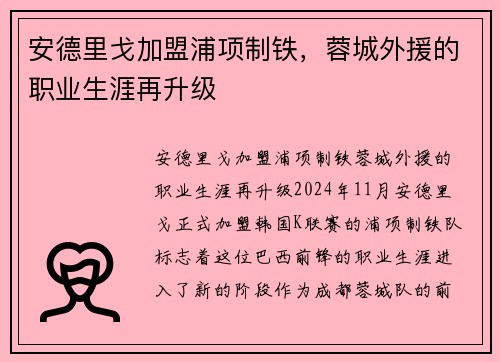 安德里戈加盟浦项制铁，蓉城外援的职业生涯再升级