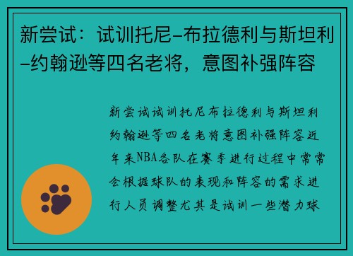 新尝试：试训托尼-布拉德利与斯坦利-约翰逊等四名老将，意图补强阵容