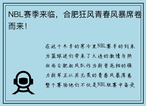 NBL赛季来临，合肥狂风青春风暴席卷而来！