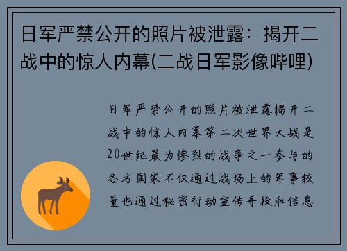 日军严禁公开的照片被泄露：揭开二战中的惊人内幕(二战日军影像哔哩)