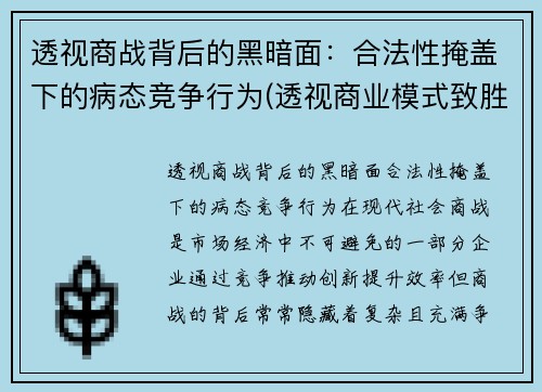 透视商战背后的黑暗面：合法性掩盖下的病态竞争行为(透视商业模式致胜的关键法则)