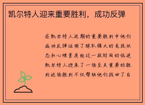 凯尔特人迎来重要胜利，成功反弹