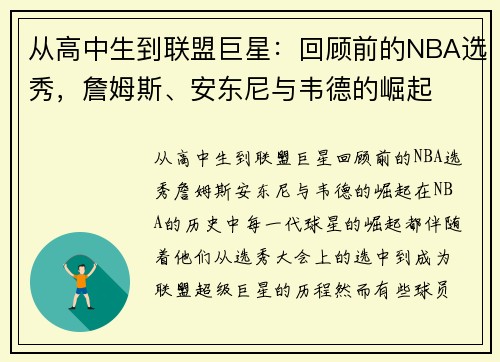 从高中生到联盟巨星：回顾前的NBA选秀，詹姆斯、安东尼与韦德的崛起