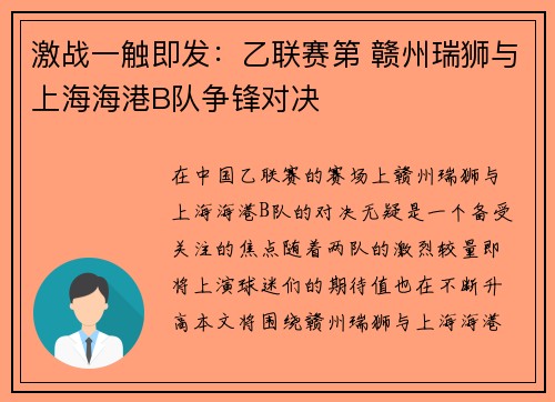 激战一触即发：乙联赛第 赣州瑞狮与上海海港B队争锋对决