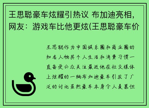 王思聪豪车炫耀引热议 布加迪亮相，网友：游戏车比他更炫(王思聪豪车价格)