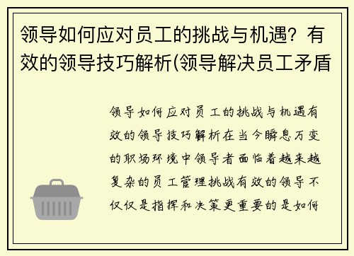 领导如何应对员工的挑战与机遇？有效的领导技巧解析(领导解决员工矛盾的方法)